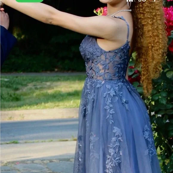 David's Bridal Navy Lace Prom Dress - Picture 2 of 3